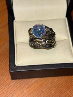 Or Paz Silver Ring with Blue Opal-like Multi-Fire Stone box not included